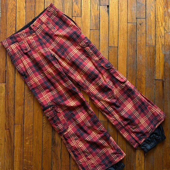 Burton Cargo Snowboard Ski Pants Men Small Plaid Red Yellow Black Ski Waterproof - Picture 1 of 8